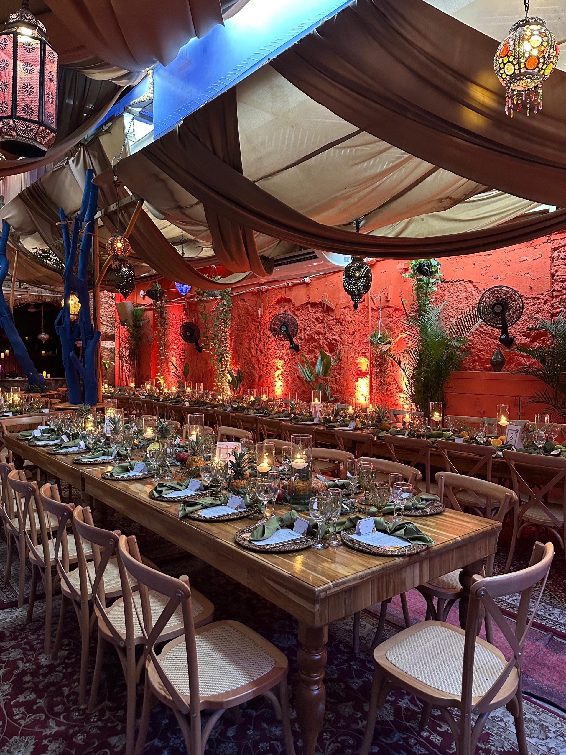 Banquet table with Moroccan lanterns at Casa Bohême